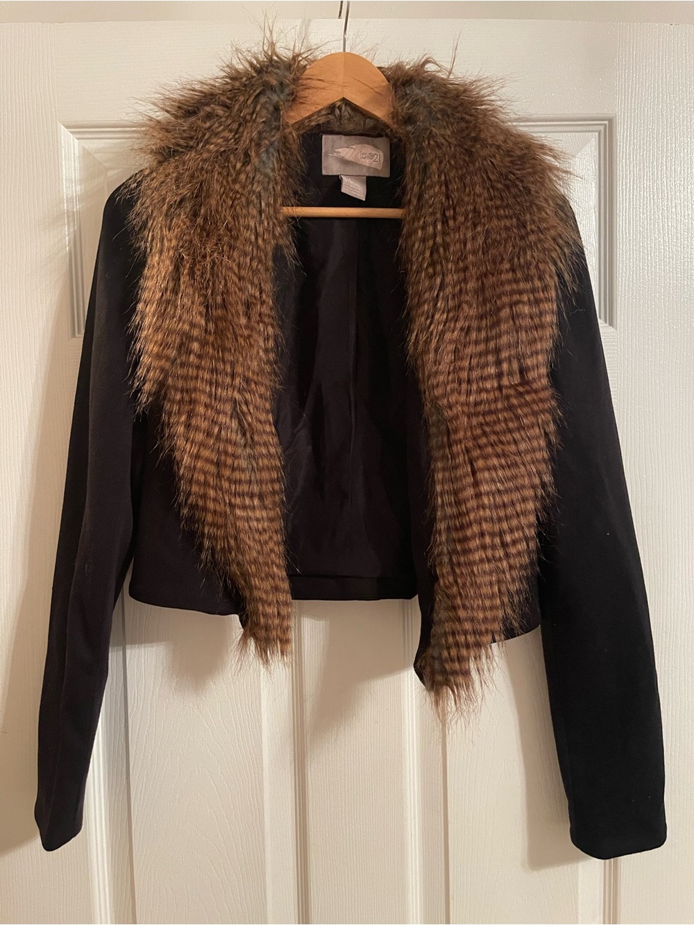Forever 21 Black Jacket with Brown Faux Fur Shawl Collar